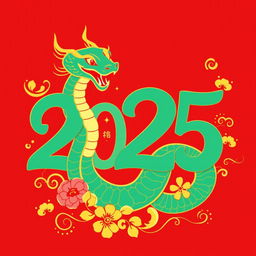 A vibrant and eye-catching shirt design for New Year's 2025, featuring the number '2' creatively designed as a snake, symbolizing resilience and fortune
