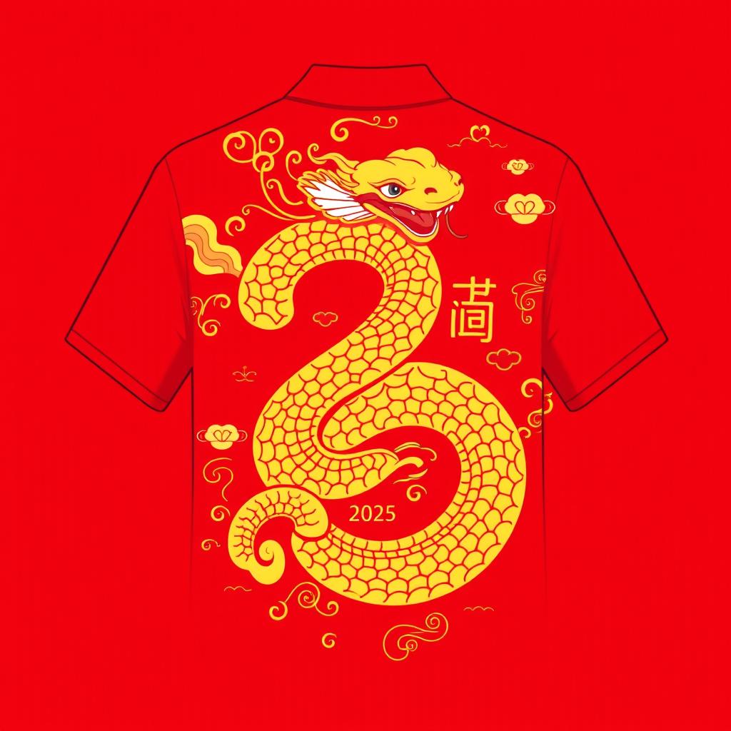 A vibrant and eye-catching shirt design for New Year's 2025, featuring the number '2' creatively designed as a snake, symbolizing resilience and fortune