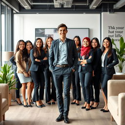 A handsome young man as a successful young CEO standing confidently in a modern office environment, surrounded by beautiful and intelligent female staff