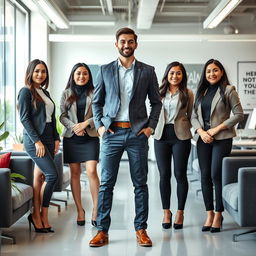 A handsome young man as a successful young CEO standing confidently in a modern office environment, surrounded by beautiful and intelligent female staff