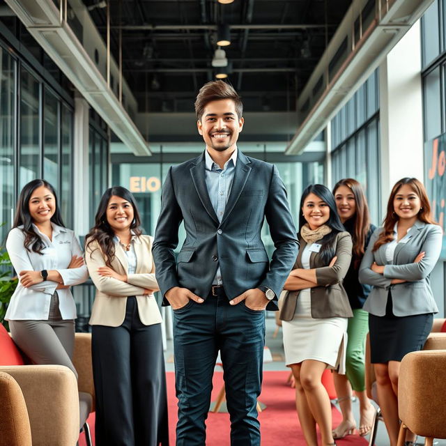 A handsome young man as a successful young CEO standing confidently in a modern office environment, surrounded by beautiful and intelligent female staff