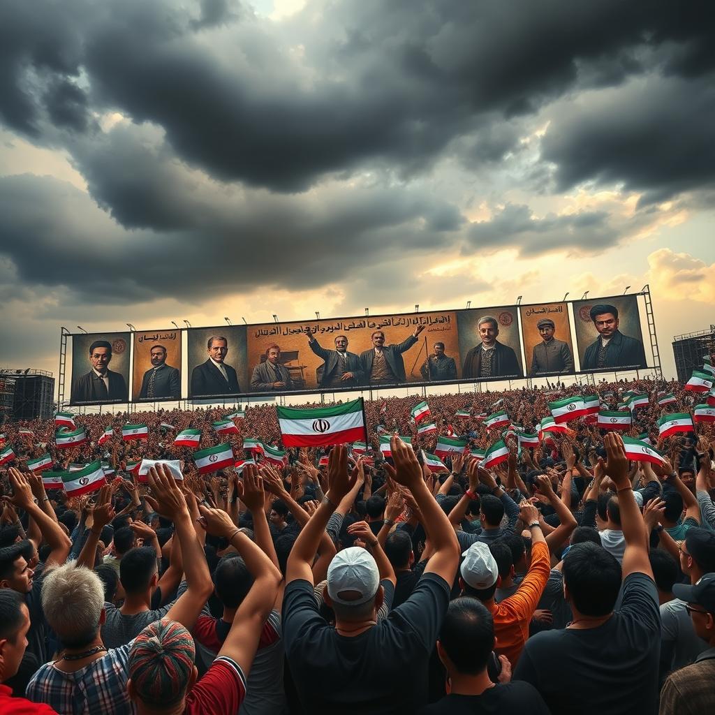 A powerful and emotional scene depicting a large crowd united in solidarity, inspired by historical events celebrated in Iran, symbolizing resilience and hope