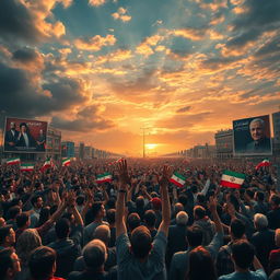 A powerful and emotional scene depicting a large crowd united in solidarity, inspired by historical events celebrated in Iran, symbolizing resilience and hope