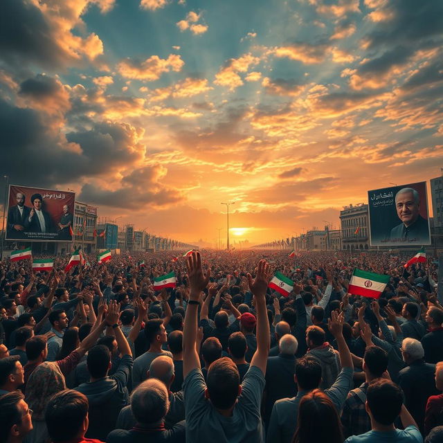 A powerful and emotional scene depicting a large crowd united in solidarity, inspired by historical events celebrated in Iran, symbolizing resilience and hope