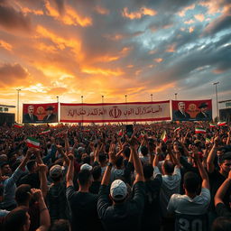 A powerful and emotional scene depicting a large crowd united in solidarity, inspired by historical events celebrated in Iran, symbolizing resilience and hope