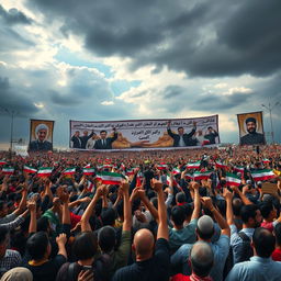 A powerful and emotional scene depicting a large crowd united in solidarity, inspired by historical events celebrated in Iran, symbolizing resilience and hope