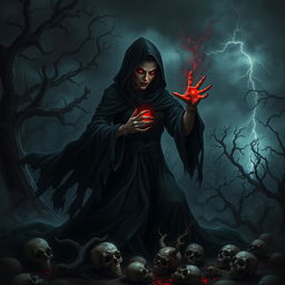A dark and ominous scene depicting an evil sorceress in a tattered black gown, surrounded by swirling shadows