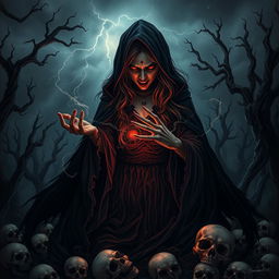 A dark and ominous scene depicting an evil sorceress in a tattered black gown, surrounded by swirling shadows