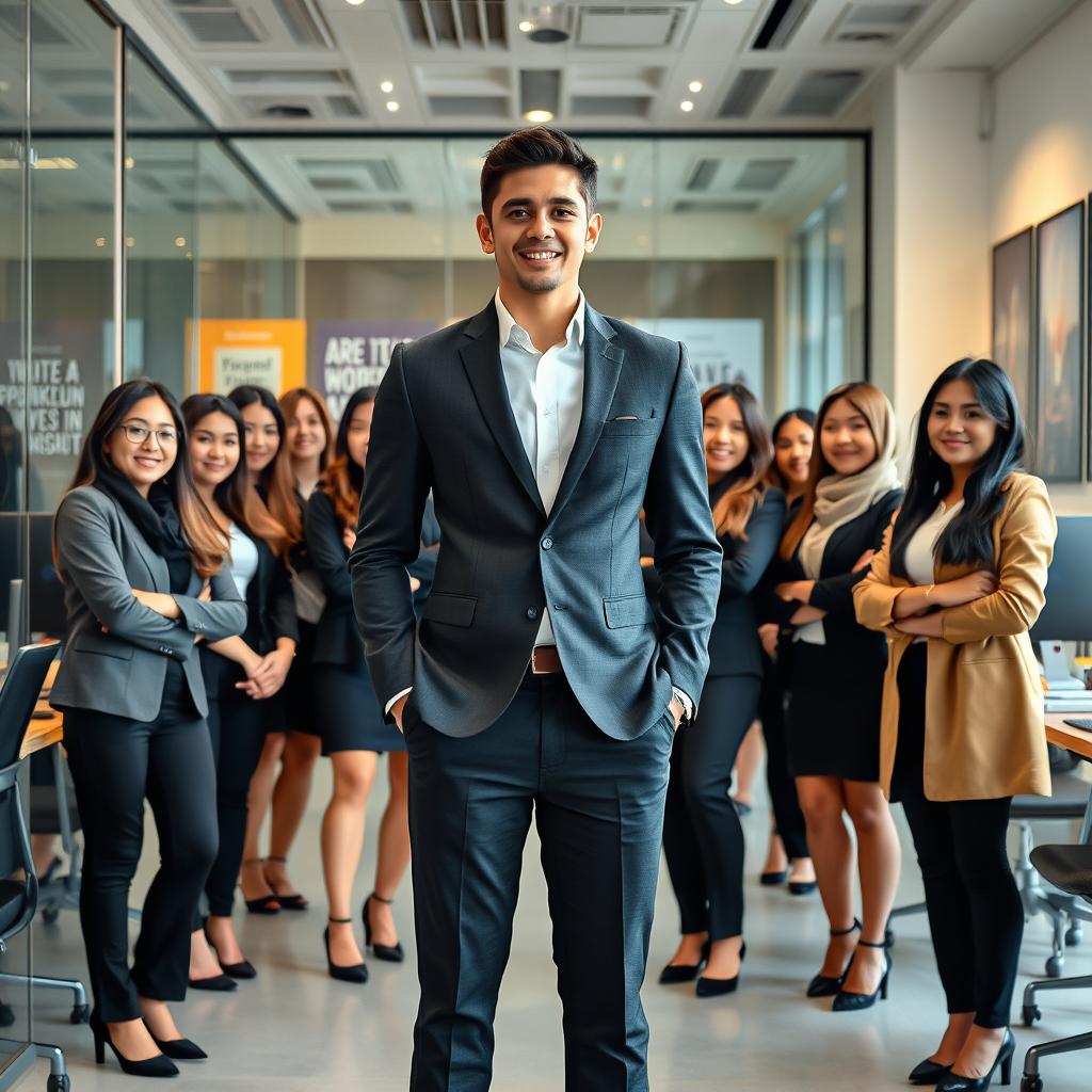 A handsome young man as a successful young CEO standing confidently in a modern office environment, surrounded by beautiful and intelligent female staff