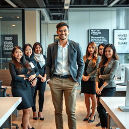 A handsome young man as a successful young CEO standing confidently in a modern office environment, surrounded by beautiful and intelligent female staff