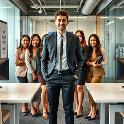 A handsome young man as a successful young CEO standing confidently in a modern office environment, surrounded by beautiful and intelligent female staff