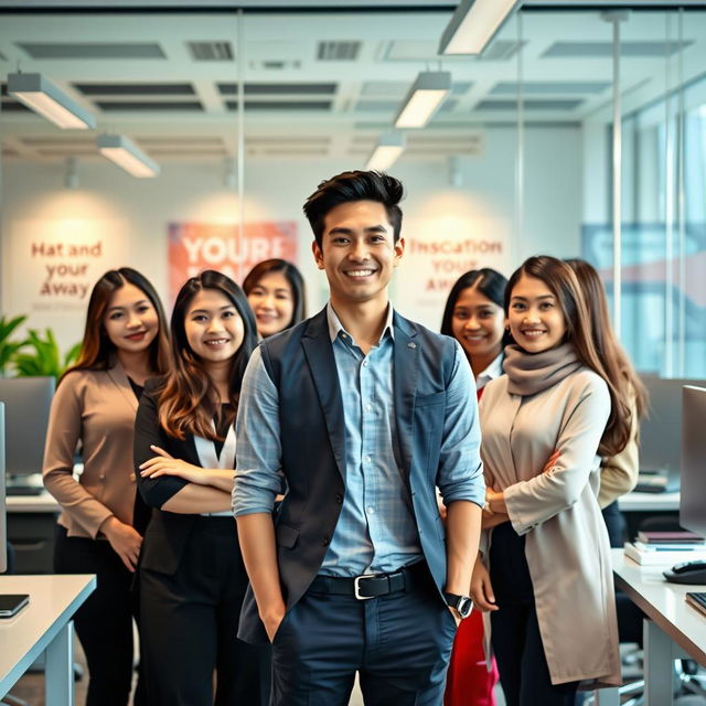 A handsome young man as a successful young CEO standing confidently in a modern office environment, surrounded by beautiful and intelligent female staff