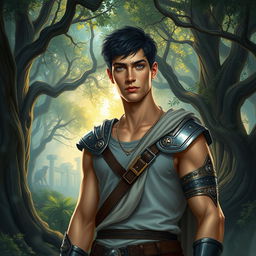 A fantasy book cover featuring a character who is the son of Athena, 18 years old, exceptionally tall and muscular, with striking gray eyes and short, dark hair