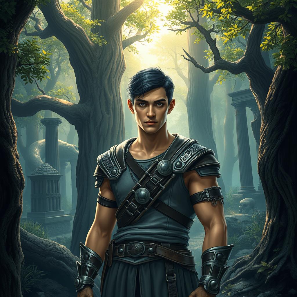 A fantasy book cover featuring a character who is the son of Athena, 18 years old, exceptionally tall and muscular, with striking gray eyes and short, dark hair