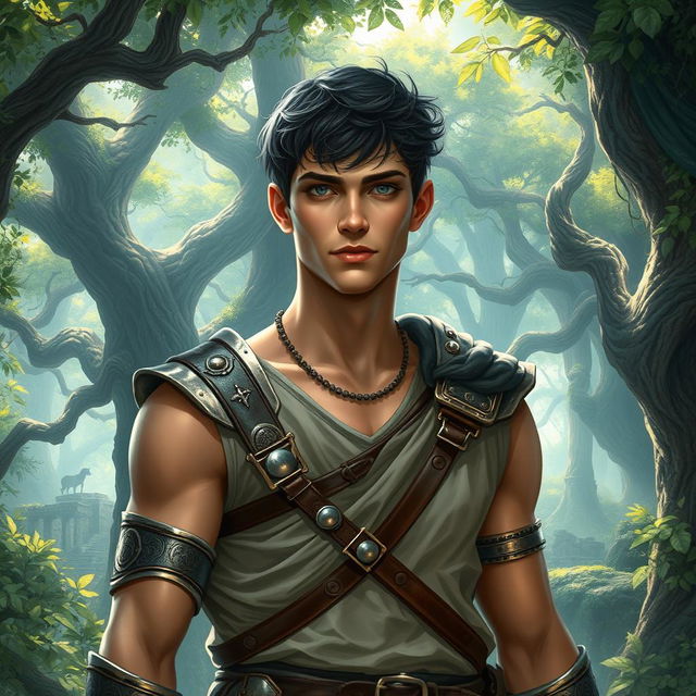 A fantasy book cover featuring a character who is the son of Athena, 18 years old, exceptionally tall and muscular, with striking gray eyes and short, dark hair