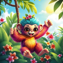 A colorful and lively depiction of a whimsical creature known as 'نسناس', reminiscent of a playful monkey with vibrant fur in shades of teal, orange, and purple