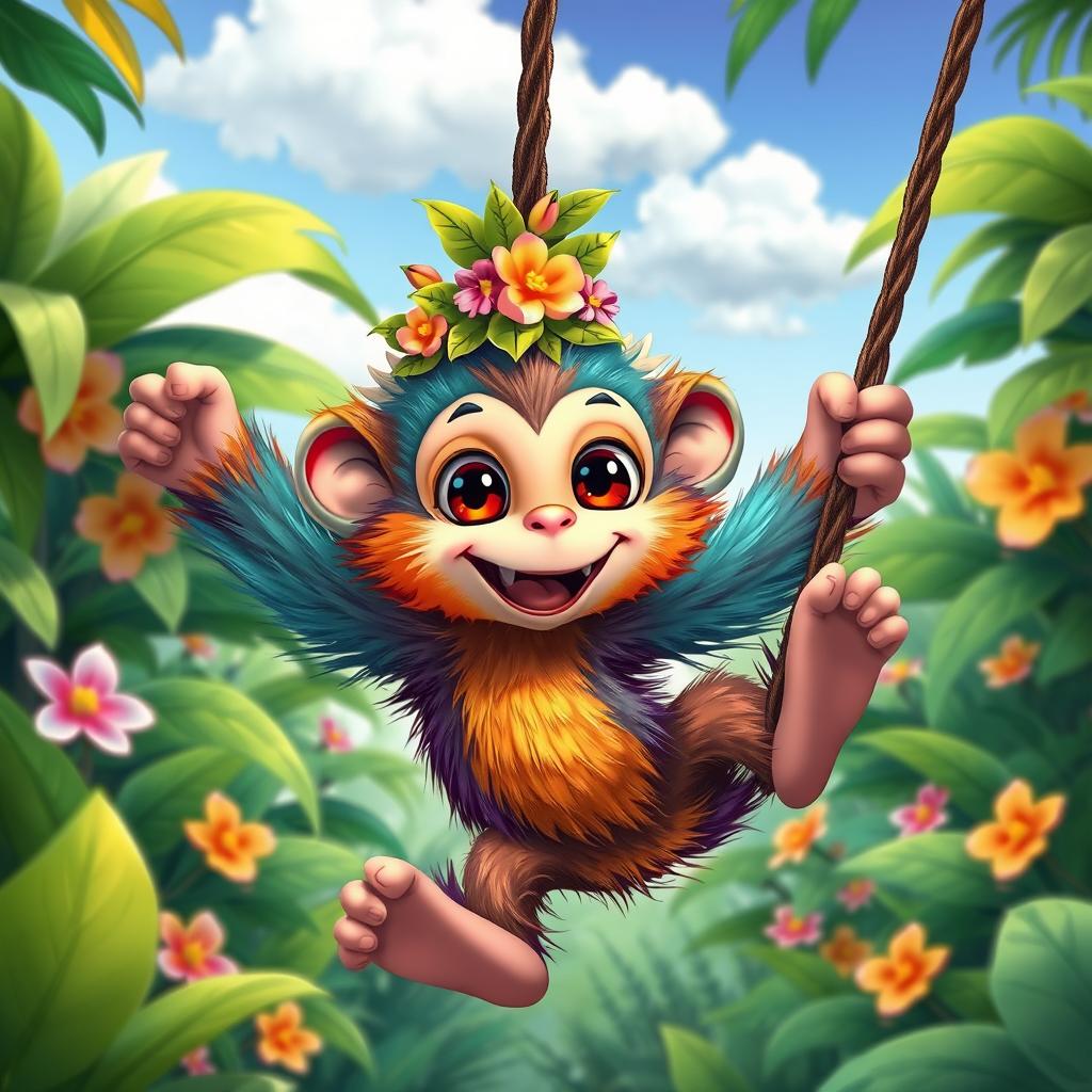 A colorful and lively depiction of a whimsical creature known as 'نسناس', reminiscent of a playful monkey with vibrant fur in shades of teal, orange, and purple