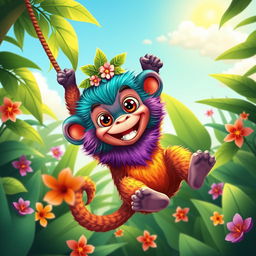 A colorful and lively depiction of a whimsical creature known as 'نسناس', reminiscent of a playful monkey with vibrant fur in shades of teal, orange, and purple