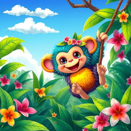A colorful and lively depiction of a whimsical creature known as 'نسناس', reminiscent of a playful monkey with vibrant fur in shades of teal, orange, and purple