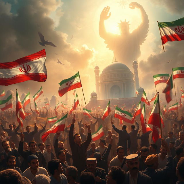 A powerful depiction of a monumental scene representing the resilience and unity of the Iranian people during the 9th of Dey (9th of January) uprising