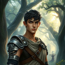 A fantasy book cover featuring a character who is the son of Athena, 17 years old, exceptionally tall and muscular, with captivating gray eyes and short, dark hair