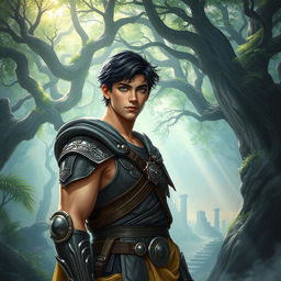 A fantasy book cover featuring a character who is the son of Athena, 17 years old, exceptionally tall and muscular, with captivating gray eyes and short, dark hair