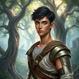 A fantasy book cover featuring a character who is the son of Athena, 17 years old, exceptionally tall and muscular, with captivating gray eyes and short, dark hair