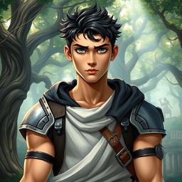 A fantasy book cover featuring a character who is the son of Athena, 17 years old, exceptionally tall and muscular, with captivating gray eyes and short, dark hair
