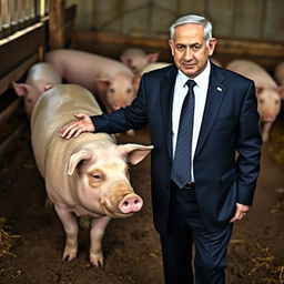 Benjamin Netanyahu, standing beside a pig in a pig pen, wearing a formal suit with a crisp white shirt and a nicely tied tie, looking dignified and composed