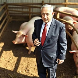 Benjamin Netanyahu, standing beside a pig in a pig pen, wearing a formal suit with a crisp white shirt and a nicely tied tie, looking dignified and composed