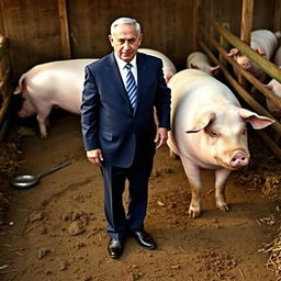 Benjamin Netanyahu, standing beside a pig in a pig pen, wearing a formal suit with a crisp white shirt and a nicely tied tie, looking dignified and composed