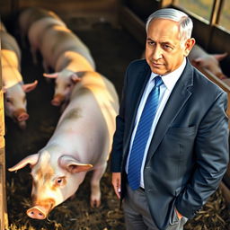 Benjamin Netanyahu, standing beside a pig in a pig pen, wearing a formal suit with a crisp white shirt and a nicely tied tie, looking dignified and composed