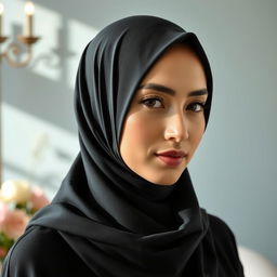 A woman elegantly wearing a black hijab that covers her hair, set against a serene background
