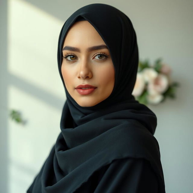 A woman elegantly wearing a black hijab that covers her hair, set against a serene background