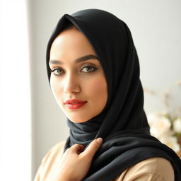 A woman elegantly wearing a black hijab that covers her hair, set against a serene background