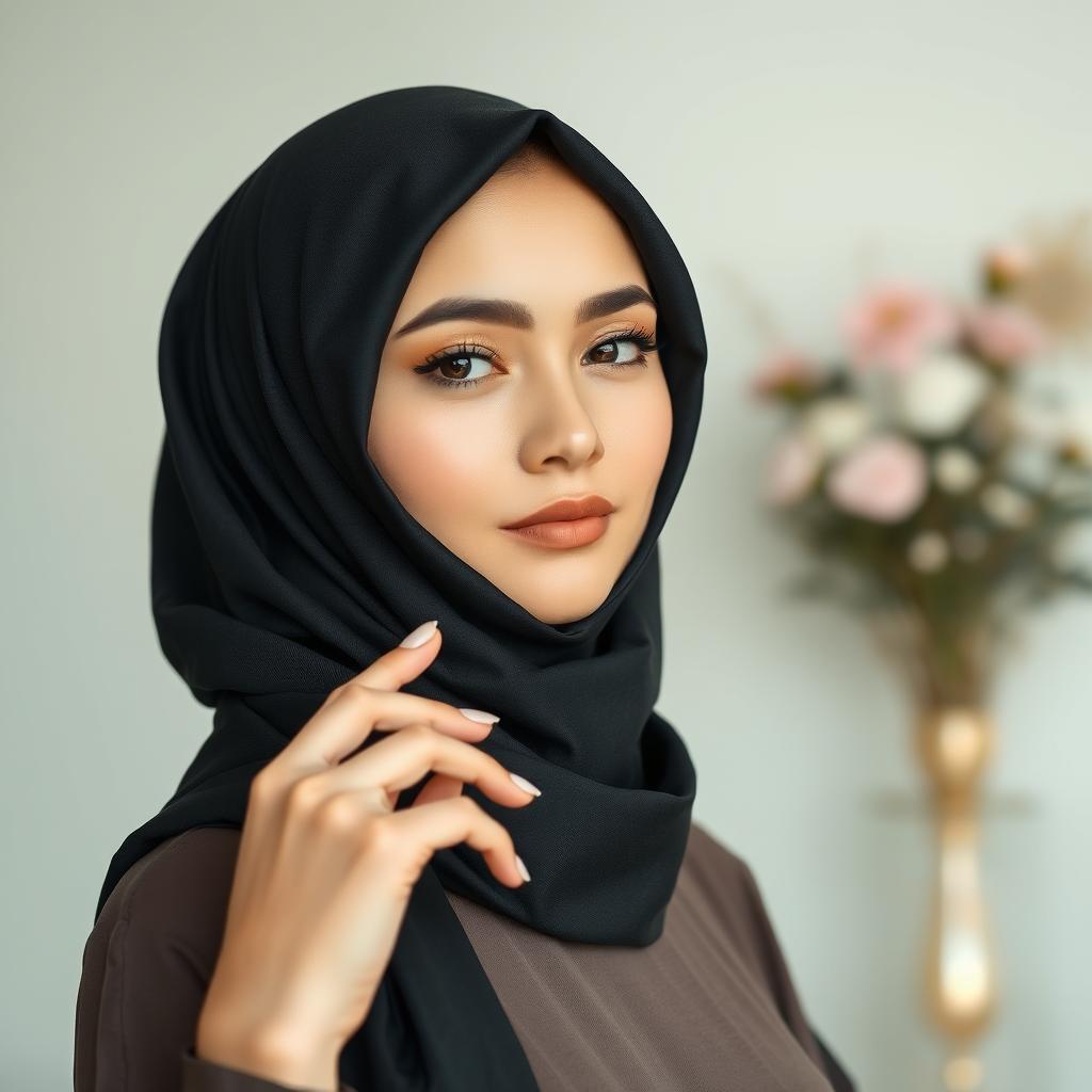 A woman elegantly wearing a black hijab that covers her hair, set against a serene background