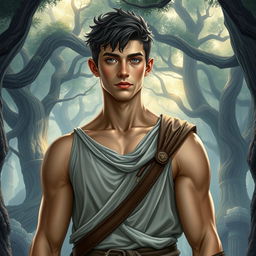A fantasy book cover showcasing a character who is the son of Athena, 17 years old, exceptionally tall and muscular, with captivating gray eyes and short, dark hair reminiscent of actor Thomas Doherty