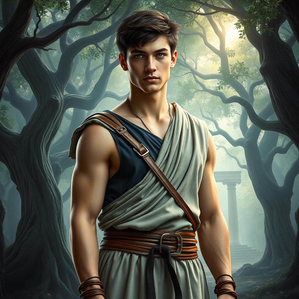 A fantasy book cover showcasing a character who is the son of Athena, 17 years old, exceptionally tall and muscular, with captivating gray eyes and short, dark hair reminiscent of actor Thomas Doherty