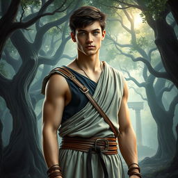 A fantasy book cover showcasing a character who is the son of Athena, 17 years old, exceptionally tall and muscular, with captivating gray eyes and short, dark hair reminiscent of actor Thomas Doherty