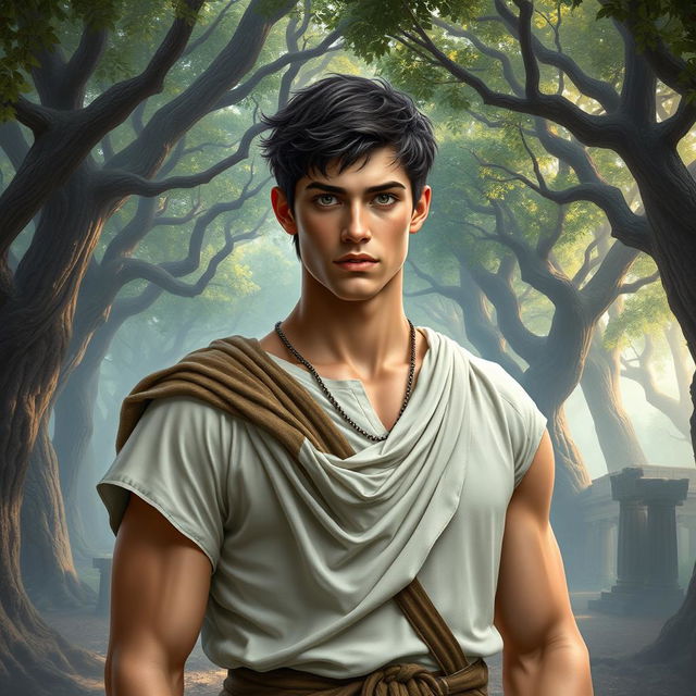 A fantasy book cover showcasing a character who is the son of Athena, 17 years old, exceptionally tall and muscular, with captivating gray eyes and short, dark hair reminiscent of actor Thomas Doherty