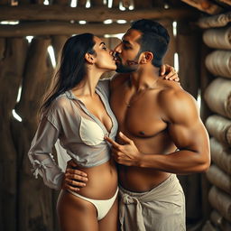 A sensual scene featuring a confident Hindu Indian college girl wearing a bikini bottom, removing her sheer transparent shirt, revealing her alluring cleavage and navel