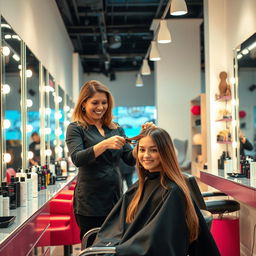 A skilled hairdresser in action inside a modern salon, surrounded by stylish hair products and tools