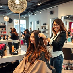 A skilled hairdresser in action inside a modern salon, surrounded by stylish hair products and tools