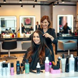 A skilled hairdresser in action inside a modern salon, surrounded by stylish hair products and tools