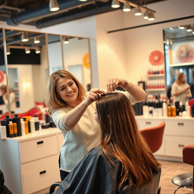 A skilled hairdresser in action inside a modern salon, surrounded by stylish hair products and tools