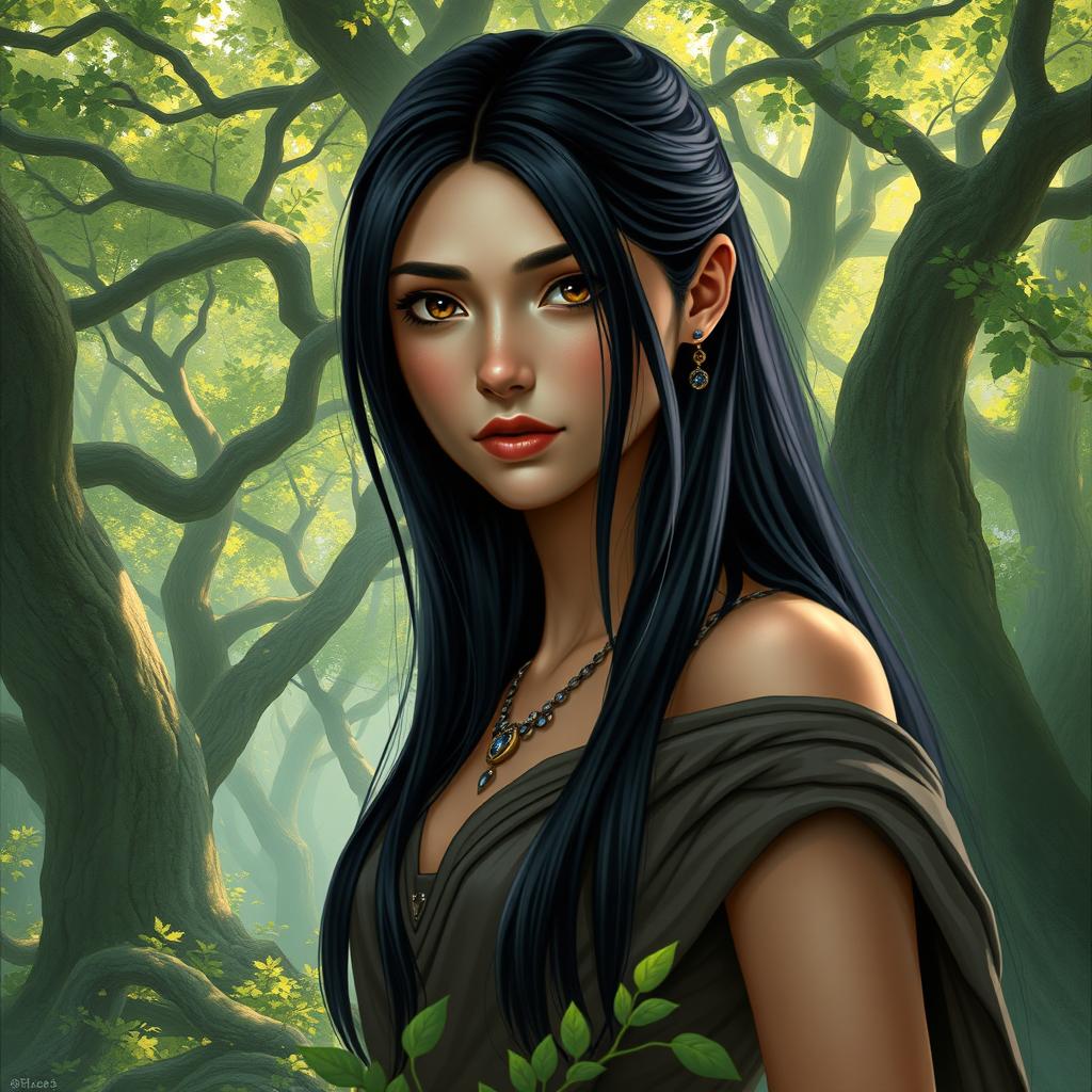 A fantasy book cover depicting a character who is the daughter of Athena, 17 years old, with long, straight black hair and deep, dark brown eyes that are captivating and expressive