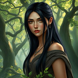 A fantasy book cover depicting a character who is the daughter of Athena, 17 years old, with long, straight black hair and deep, dark brown eyes that are captivating and expressive