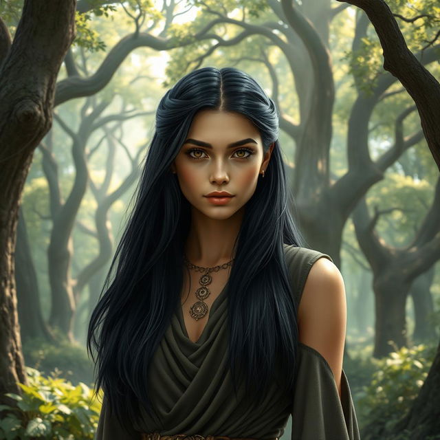 A fantasy book cover depicting a character who is the daughter of Athena, 17 years old, with long, straight black hair and deep, dark brown eyes that are captivating and expressive