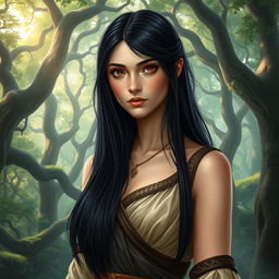 A fantasy book cover depicting a character who is the daughter of Athena, 17 years old, with long, straight black hair and deep, dark brown eyes that are captivating and expressive