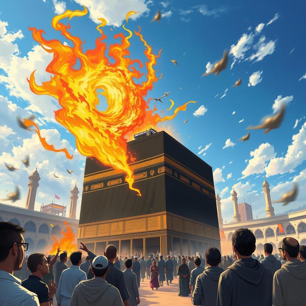 A vibrant and dynamic illustration of a figure representing Dajjal, portrayed dramatically with flames surrounding him, set against the impressive backdrop of the Kaaba in Mecca